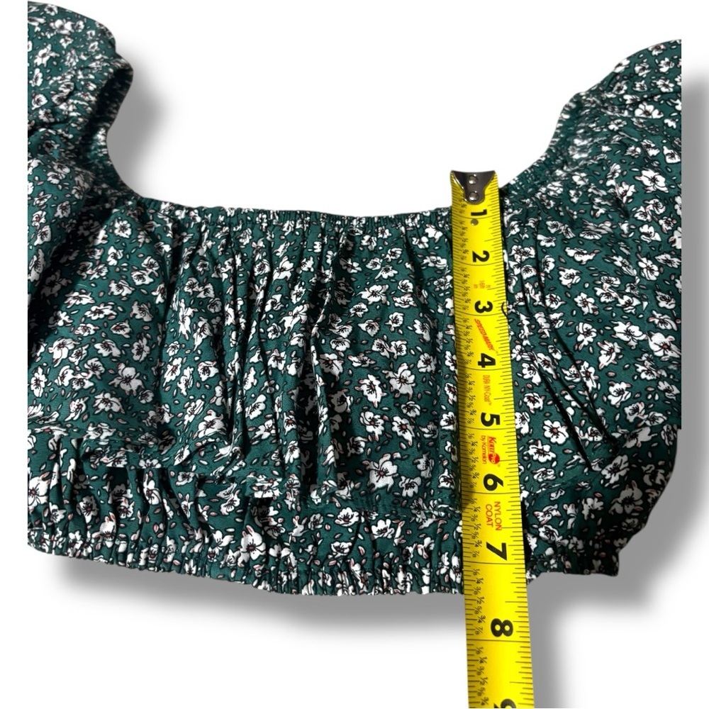 Indigo Child Teal and White Ditsy Floral Print Ruffled Off Shoulder Crop Top - Picture 11 of 16